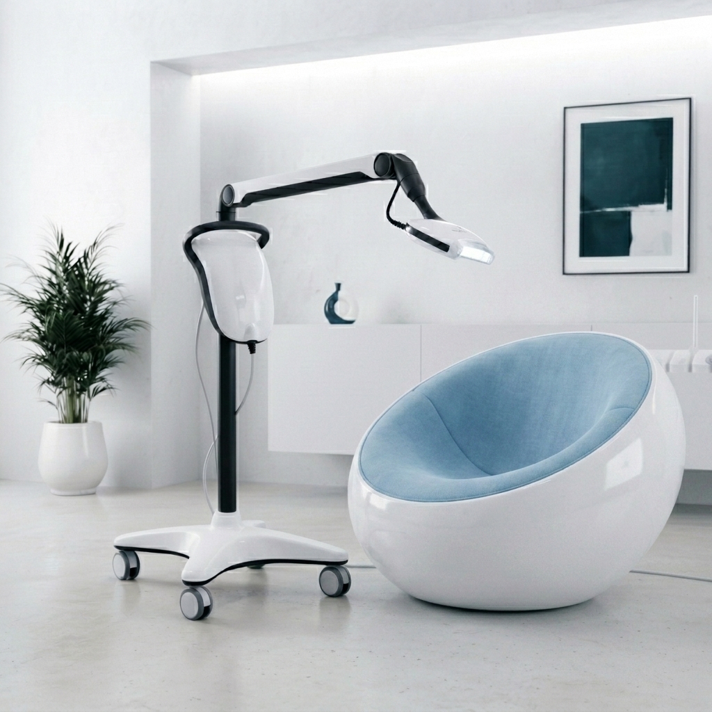 LED-Bleaching-Lampe neben unserem modernen bequemen Sessel