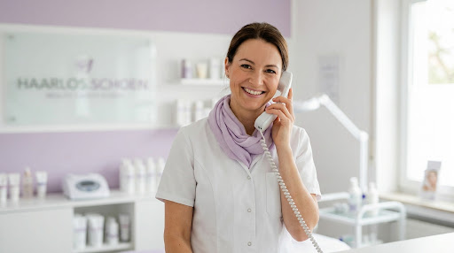 Mitarbeiterin von HAARLOS.SCHOEN beantwortet telefonisch Kundenanfragen